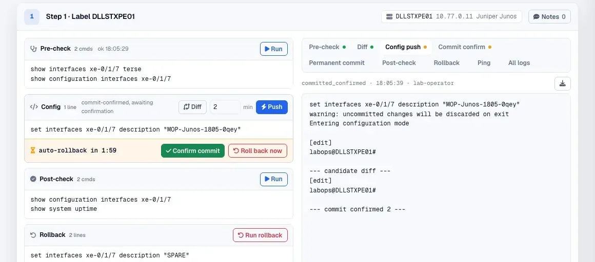 A MOP step on a Juniper router with pre-check, config, an auto-rollback countdown, post-check and rollback blocks beside the session log